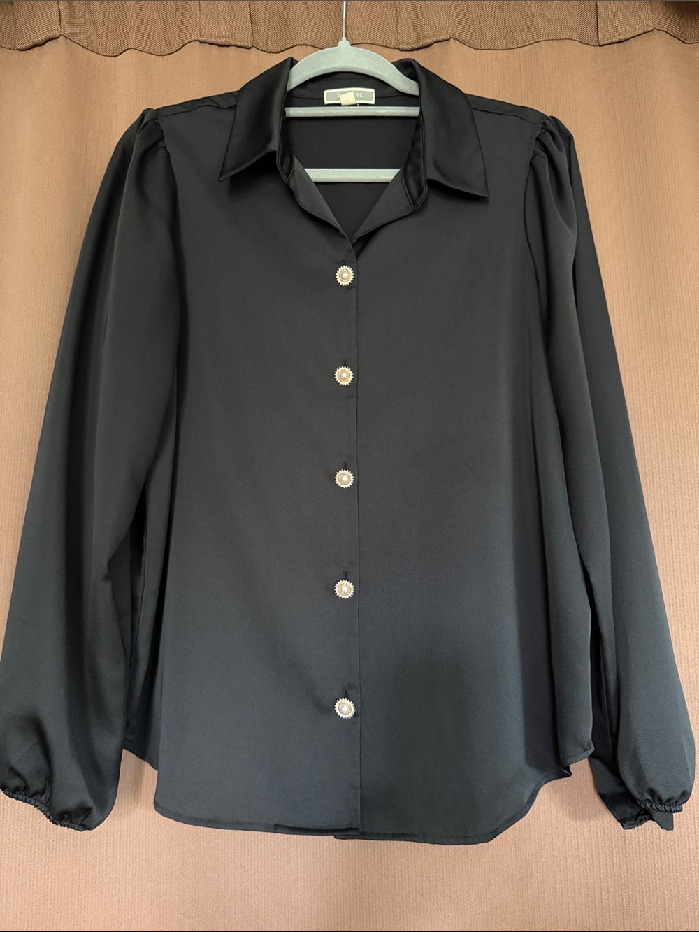 Pleione Black Long-Sleeve Pearl-Button Blouse
